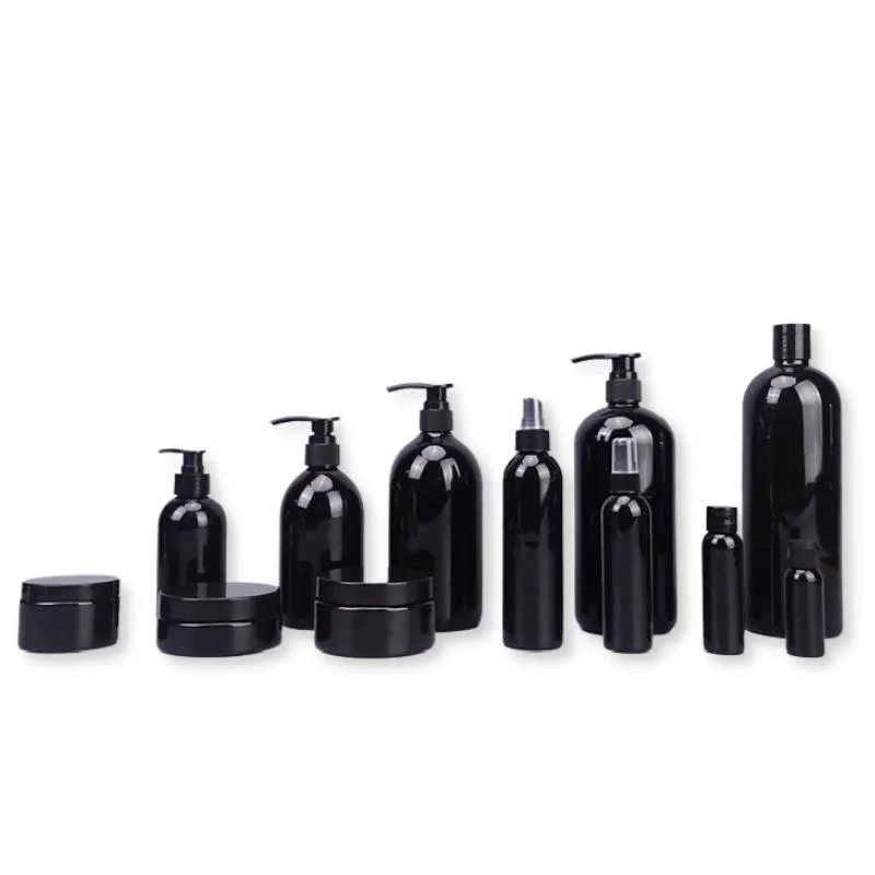 Boston Round Black Glossy Handwash Empty Bottle Shower Gel Packaging Bottle Pet Plastic Shampoo Bottles with Pump